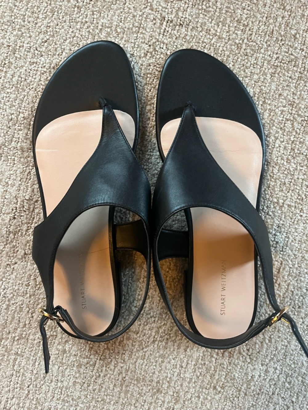 Stuart Weitzman Black Leather T-Strap Slingback Sandals